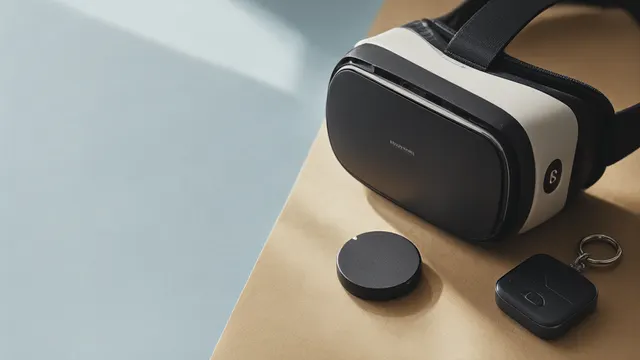 Illustrasjon: VR-brille lagt på varmt papir ved siden av en liten rund compute-puck og en nøkkelringenhet, i dempet belysning og begrenset fargepalett.