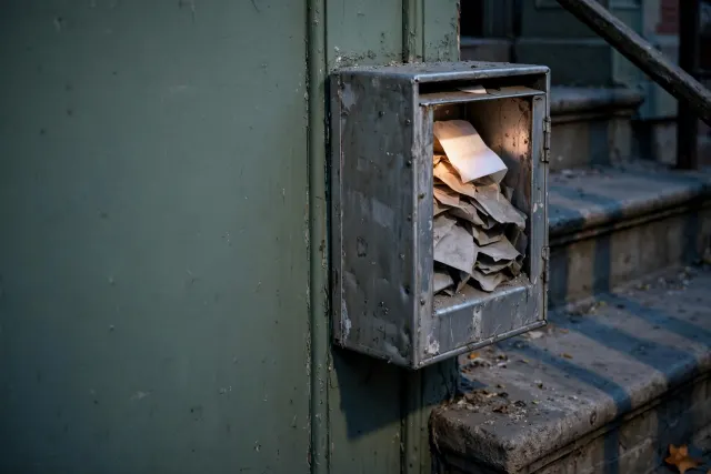 Illustration: a public tip box on a Philadelphia stoop at dusk, one glowing white slip among dusty, faded submitted slips.