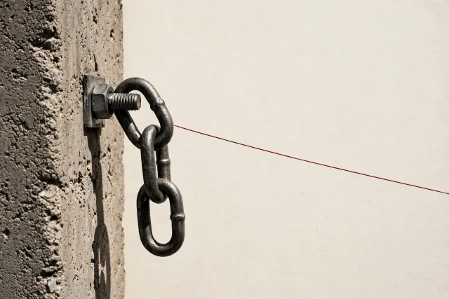 Illustrasjon: En tung stål lenke i en betongvegg holdt oppe av en stram, tynn rød wire som er i ferd med å sprekke – et bilde på krevende ansvar for KI-agenters handlinger.