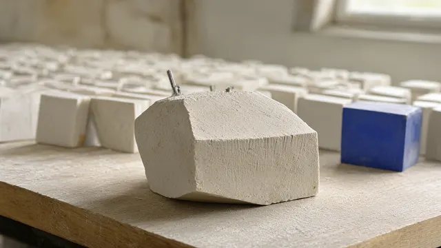 Illustration: A rough block of stone being carved into a precise geometric form on a workbench, with identical plastic cubes blurred in the background — a metaphor for Europe building its own AI systems.