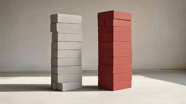 To nesten like høye tårn av matte betongblokker, et i kald grått og et i dempet rødt, står side om side med bare én tykk blokk igjen som avstand – et bilde på det krympende ytelsesgapet mellom amerikanske og kinesiske AI-modeller.