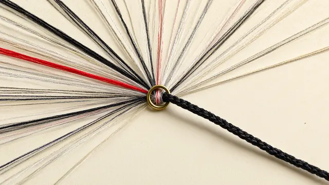 Illustration: dozens of colored threads squeezed through a tiny brass ring and exiting as a single braided cord, a metaphor for how information in a transformer can only flow through one channel between generation steps.