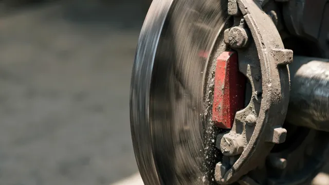 Illustrasjon: en rød bremsekloss som presses mot en roterende metallskive, med synlig friksjon og bevegelsesblur – et bilde på forsøket på å bremse KI-utviklingen.