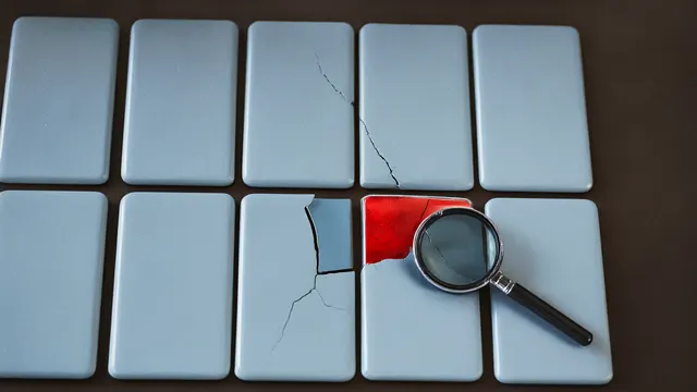 Illustration: a grid of blue ceramic tiles sized like smartphones, one tile cracked open revealing a red interior, with a magnifying loupe beside it.