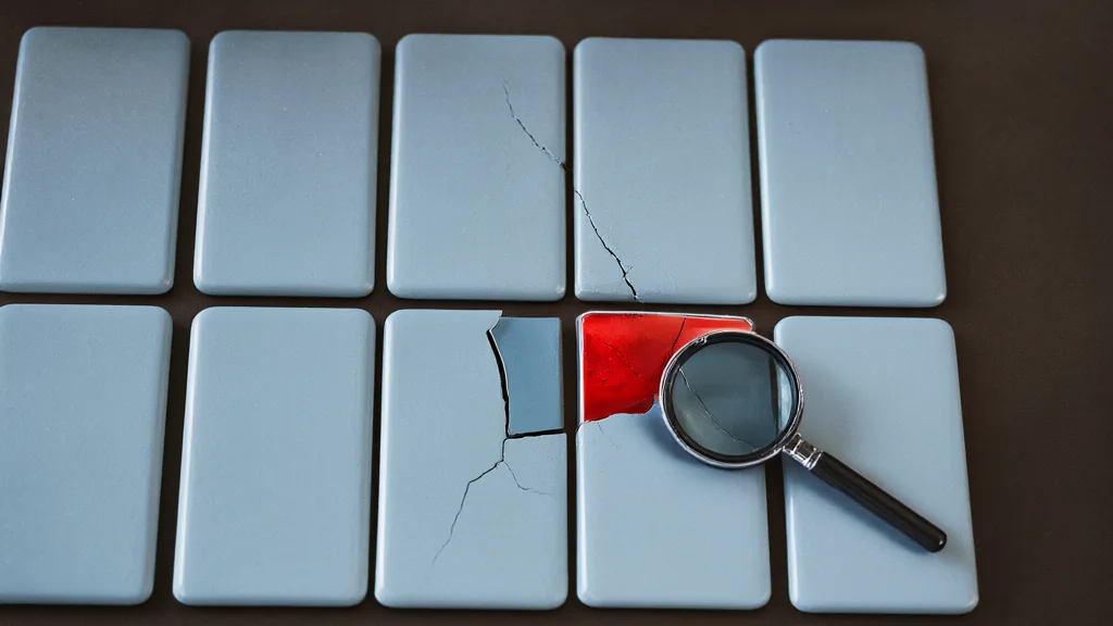 Illustration: a grid of blue ceramic tiles sized like smartphones, one tile cracked open revealing a red interior, with a magnifying loupe beside it.