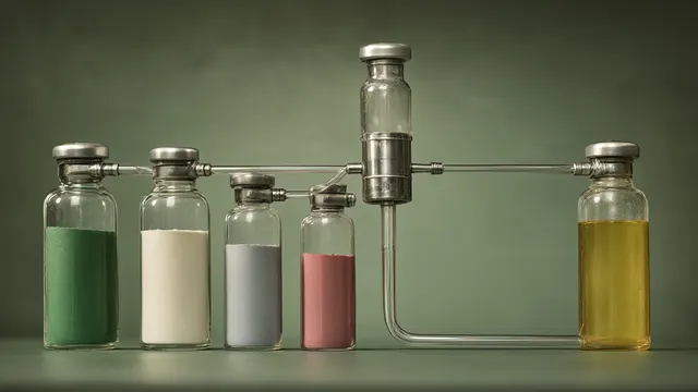 Illustrasjon: fem forseglete glassglass med ulik farget væske er forbundet med tynne metallrør som samles i ett sentralt laboratorieinstrument, som et bilde på føderert KI-læring der konkurrerende legemiddelselskaper deler én modell uten å dele rådataene sine.