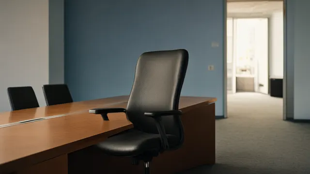 An empty executive chair turned toward a bright doorway in a bare office, illustration of a leadership departure.