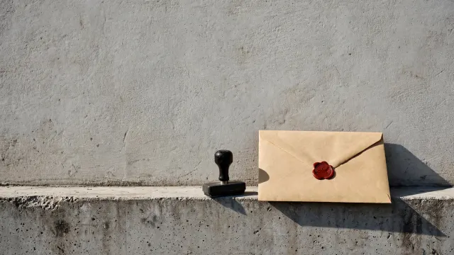 Illustrasjon: en forseglet konvolutt ligger uåpnet ved siden av et ubrukt stempel i hardt dagslys.