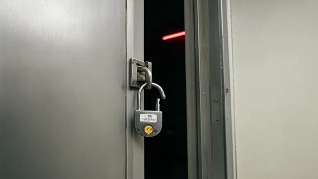 Illustration: an unlocked padlock with a bent shackle on a laboratory door, a red warning light glowing in the dark gap, symbolizing bypassed safety controls in an AI model.