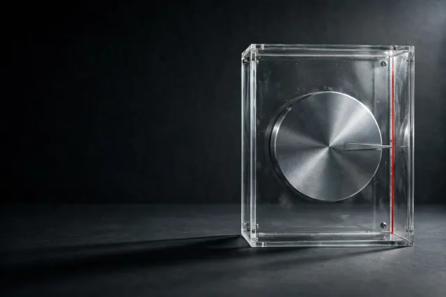 Illustrasjon: En metallknapp bak lukket glass, stilt på en usynlig grense uten ytre merking, symboliserer at OpenAIs skadegrense settes internt uten ekstern kontroll.