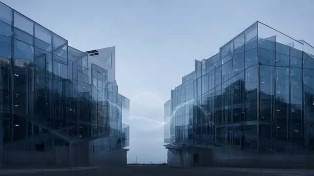 Datasenterbygninger forbundet av en buet lyslinje.