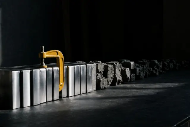 Illustration: a row of metal blocks on a table, most polished and clamped by a signal-yellow steel bracket while unfinished blocks fade out of frame — a metaphor for partially verified mathematical proofs made only partially public.