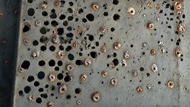 Illustration: a corroded metal grid where most small holes are sealed with fresh weld seams while a few remain open – a metaphor for AI-driven discovery and patching of vulnerabilities.