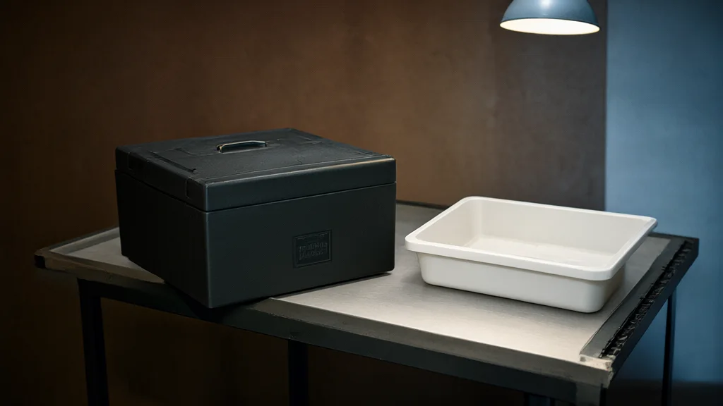 Illustration: A sealed black crate sits on an inspection table while an open, empty white examination tray waits unused beside it under a single lamp.