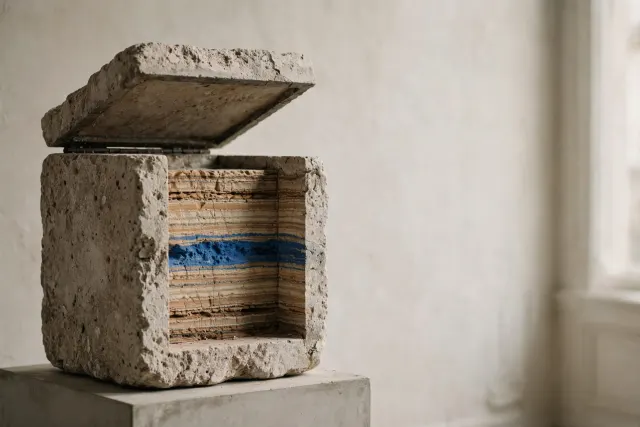 Illustration: a massive stone cube with its lid lifted open, revealing layered strata inside, as a metaphor for a large open language model with one trillion parameters.