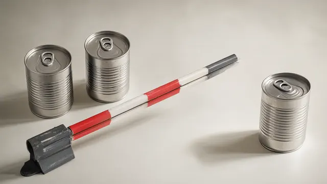 Illustrasjon: To forseglete metallbeholdere står tilbakeholdt bak en lukket bom, mens en tredje allerede er sluppet gjennom – en metafor for at nye KI-modeller holdes tilbake fra britisk testing.