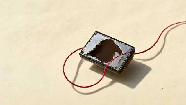 Illustration: a small silicon chip die lies on cream paper, bound by a taut red thread under tension while part of its mirrored surface flakes away — a picture of ownership and control under legal pressure.