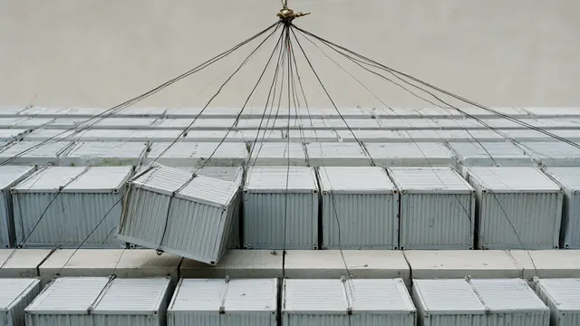Illustration: rows of pale gray container-like blocks hang like marionettes on thin black strings converging toward a single mechanical lever out of frame, visualizing hijacked Docker hosts remotely steered by an autonomous agent.