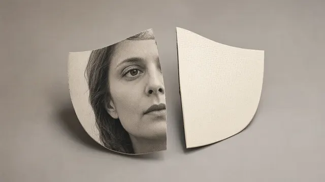 Illustrasjon: en papirmaske i to deler, den ene halvdelen fotorealistisk, den andre enkel med prikknett, ligger delt på et bord – et bilde på en KI-avatar som syntetiserer et levende ansikt i sanntid.