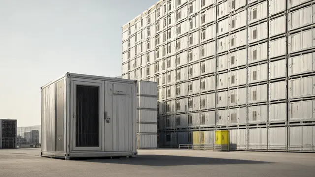 Illustration: a small prefabricated data center module before a tall stack of identical modules, in gray tones with one yellow module.