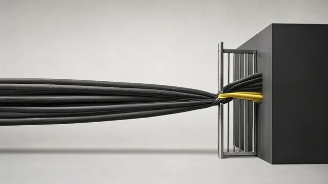 Illustrasjon: Tykke strøm kabler som klemmes gjennom en trang metallport før de når en mørk datablokke, som et bilde på begrenset nettkapasitet til datasentre i Norge.