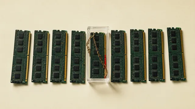 Illustration: a row of RAM memory modules on warm paper, most slots empty, one module behind glass with a brass chain – a picture of scarcity and rising prices.
