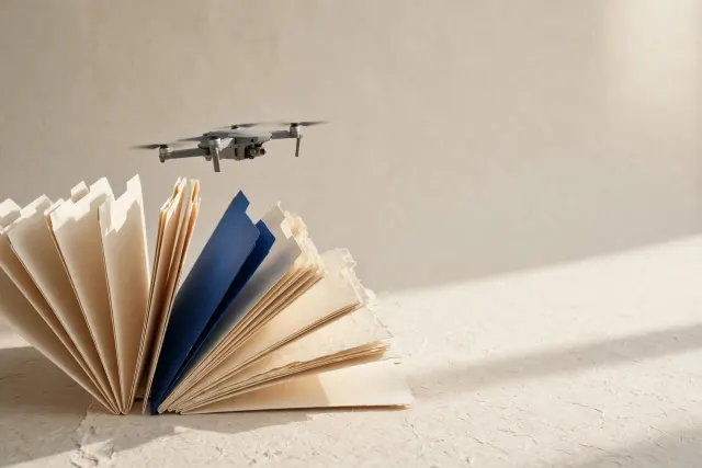 Illustrasjon: en liten grå dronetype letter fra en rekke kremfargede permmappe­aktige former, som et symbol på hurtige finansieringsbeslutninger for europeisk forsvarsinnovasjon.