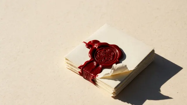 Illustrasjon: Et stort rødt lakkforsegling stempel er presset tvers over en stabel med pale advarselsbrev, som lukker dem helt, mot en varm papirbakke med hardt dagslys.