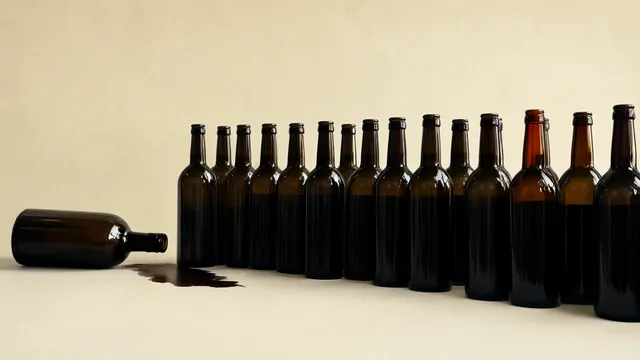 Illustration: a row of identical dark bottles on a table, one tipped over leaving a spreading dark stain — a metaphor for a small influence making an AI model break its rules.