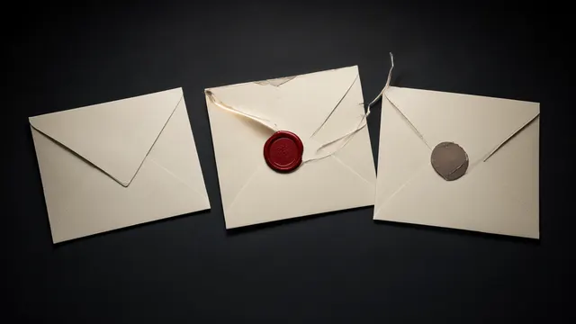 Illustration: three sealed envelopes on a dark table, one with a broken seal and light escaping from inside.