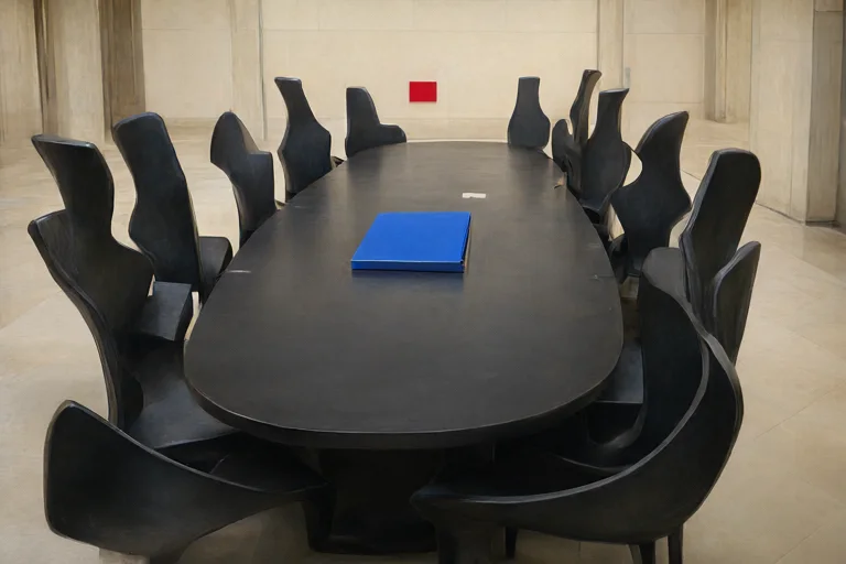 Illustration: A long council table with empty chairs, divided by a single blue folder at its centre.