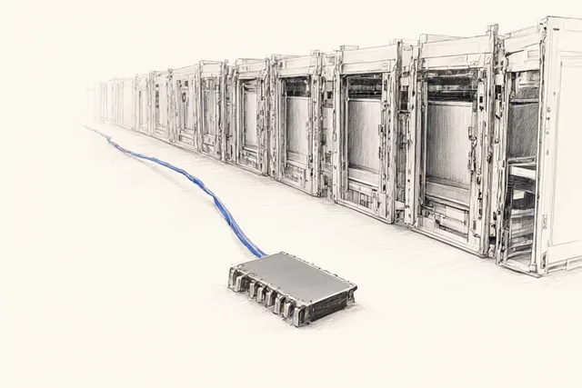 Illustrasjon: En liten AI-brikke står foran en lang rekke tomme serverplasser som forsvinner i dybden.