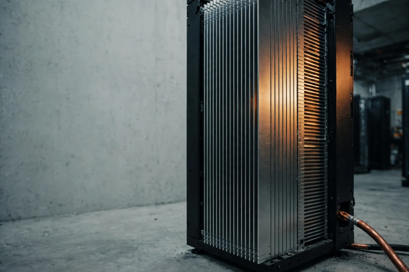 Illustrasjon: et høyt, matt svart rackskap med tynne aluminiumskjøleribber i en betonghall, én tykk kobberkabel i bildet, der én ribbe fanges av varmt amberlys mens resten ligger i kjølig gråtone.