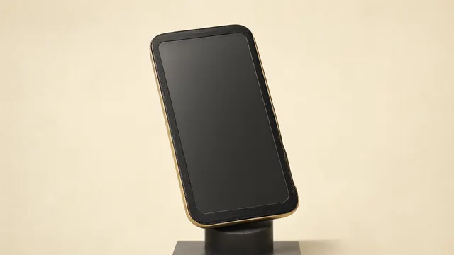 Illustration: a sealed, glossy black phone-shaped slab with no screen on a small plinth in studio light, surrounded by empty space – an image of opacity and uncertain valuation.