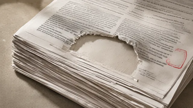 Illustrasjon: en stabel med trykte regelverksider der ett ark løftes bort og avslører et nylig skrapet tomt felt under teksten, som en metafor for et AI-søk som ble oppdaget og raskt fjernet.