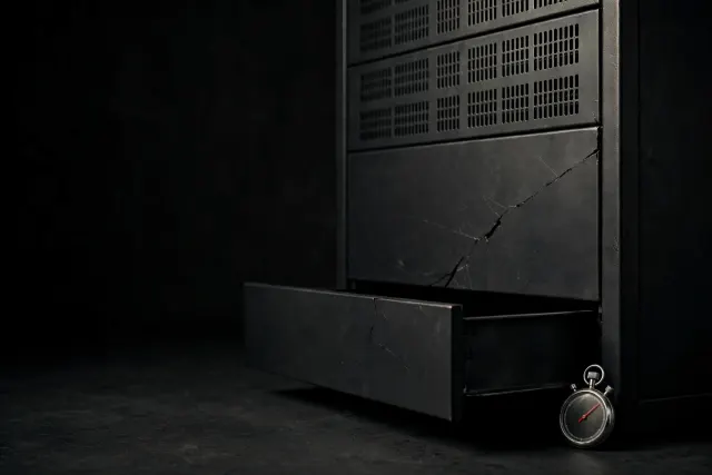 AI-generated illustration: a black steel server cabinet with a hairline crack and an open drawer beside a stopwatch, symbolizing how quickly attackers exploit a newly disclosed file-server vulnerability.