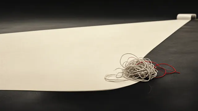 Illustration: a huge paper roll unrolls off-frame across a dark floor while a small tangle of thread sits stalled at its edge — an image of enormous scale and lagging results.