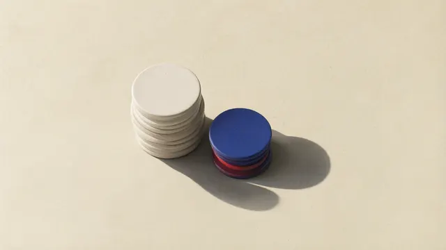 Illustration: two stacks of ceramic tokens, the taller casting a doubled shadow, symbolising a valuation doubling in eight months.