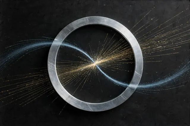 Illustration: two particle beams meet inside an abstract detector ring with golden spray tracks, a visual metaphor for a foundation model of collision physics.