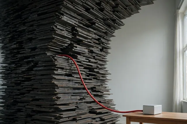 Illustration: a massive steel structure connected by a red cable to a small desktop computer on a desk, depicting a giant model running locally.