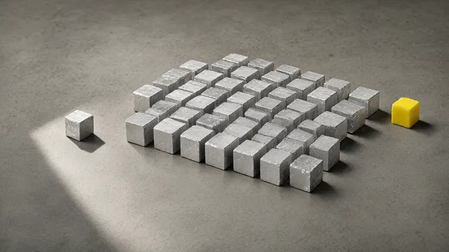 Illustrasjon: Femti små metallkuber i en strukturert gruppe på betonggulv, én kube løsrevet og markert i gult.
