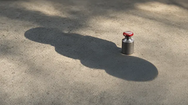 Illustration: A small steel calibration weight casts an outsized shadow across a concrete floor, evoking valuation racing ahead of substance.