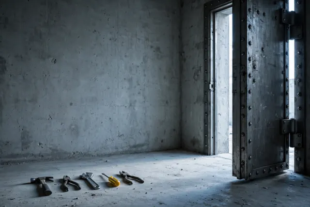 Illustration: a heavy steel vault door ajar in a concrete room with tools on the floor, evoking support for cybersecurity defenders and a wary market reaction.