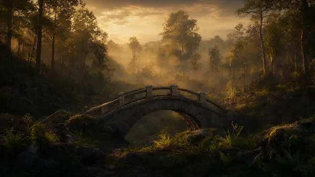Steinbro i et skoglandskap med gyllent lys mellom trærne.