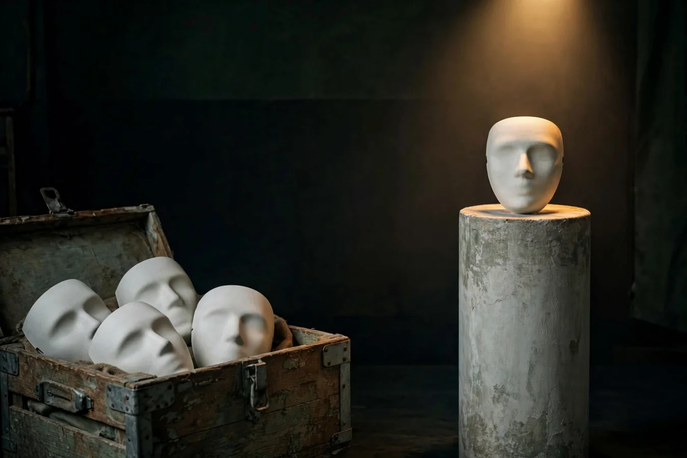 Illustration: blank theatrical masks packed in an auction crate, one mask alone on a pedestal beneath a single spotlight.
