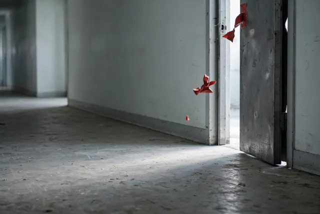Illustration: A heavy steel laboratory door stands slightly ajar as a red-sealed paper slip falls from the frame and daylight spills through the opening.