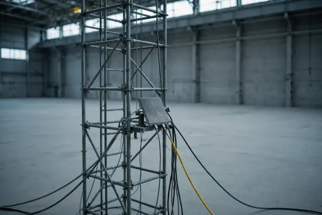Illustration: a dark microchip mounted on a tall scaffold inside an empty industrial hall, with a hairline crack across its surface and a single acid-yellow cable running out of frame.