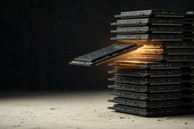 Illustration: a tall stack of black memory chips with warm golden light glowing through the gap between two modules.
