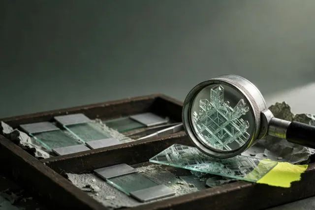 Microscope slides in a tray, one slide set apart under a loupe revealing an unnatural crystalline structure instead of cells. Illustration.