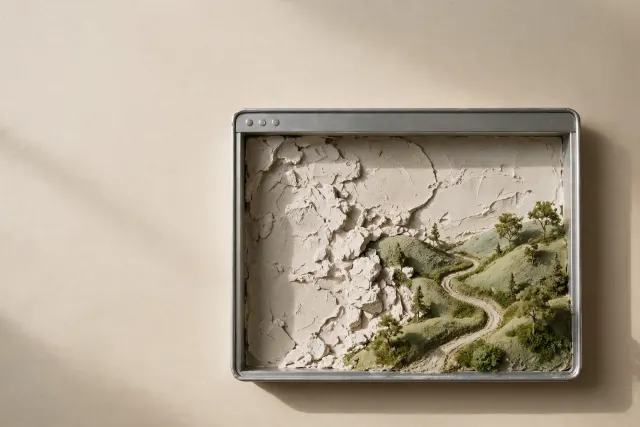 A miniature landscape of hills, trees and a road takes shape inside an open metal frame resembling a browser window; half the landscape is finished, half still raw and unfinished.
